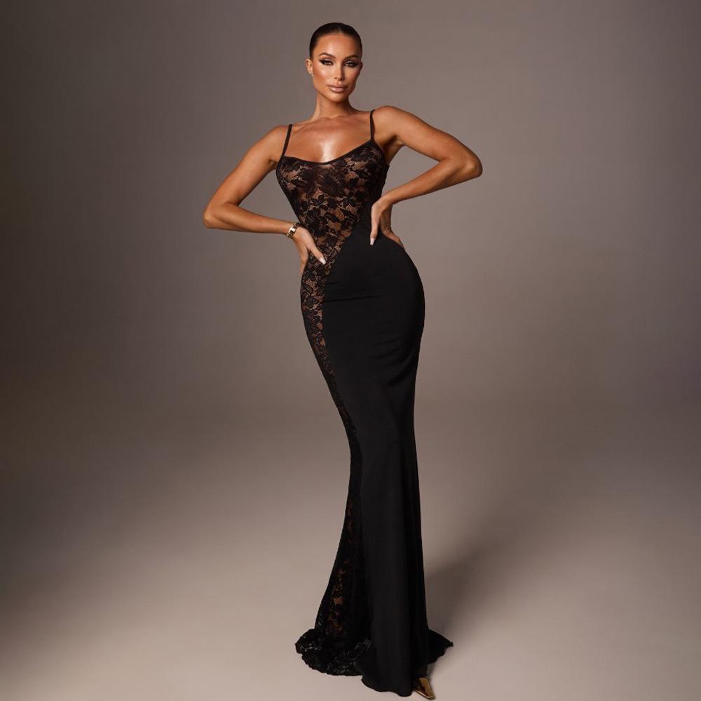 2026 Spring Elegant Lace Low-cut Sexy See-through Spaghetti Strap Dress for Women