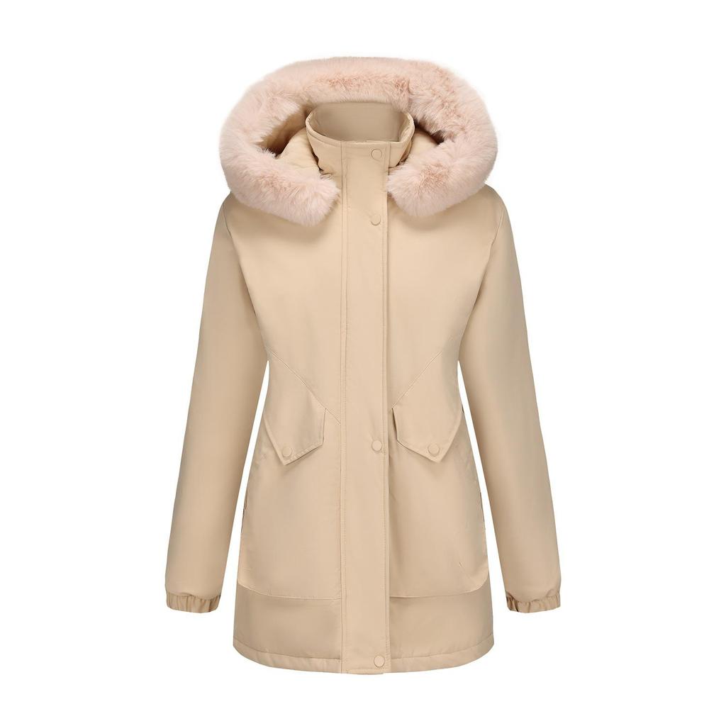 Parka lungă de iarnă pentru femei, în stil european și american, cu căptușeală din lână polară și guler mare de blană