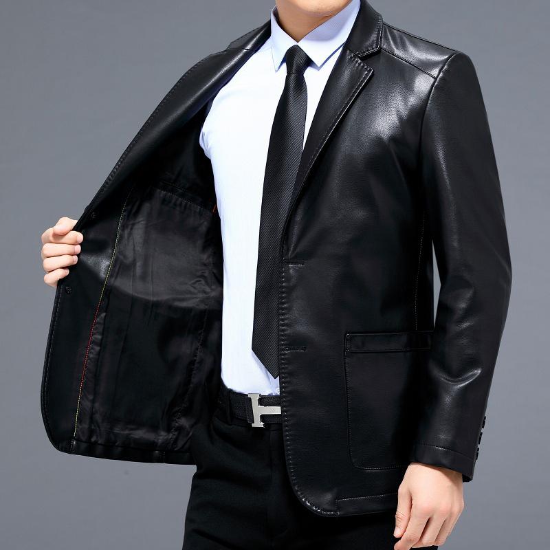 2025 New Men's Slim-Fit Casual Leather Jacket with Suit Collar - Middle-Aged Korean-Style Dad's Coat