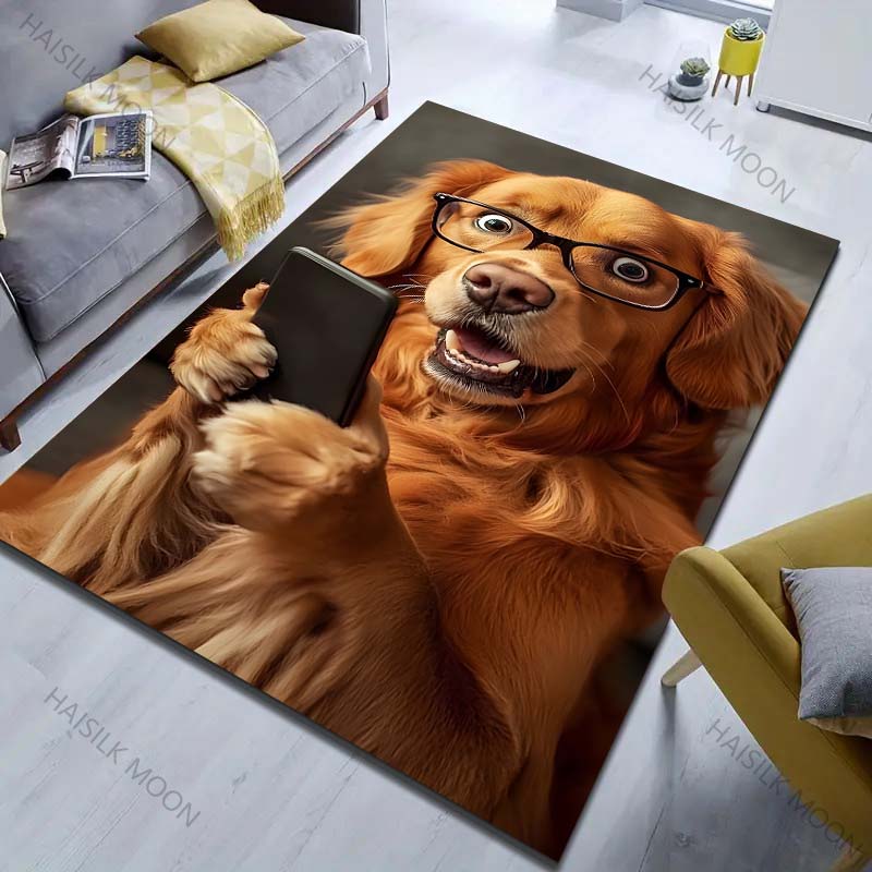 Lustiger Welpe schaut aufs Handy Druck Teppich für Schlafzimmer Wohnzimmer Bettseite Sofa Bodenmatte Moderne Heimdeko Bereichsteppich
