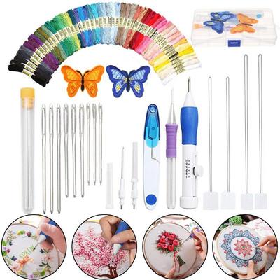 DIY Embroidery Pen Knitting Sewing Tool Kit Punch Needle Set W/50 Threads Plastic+Steel Ornaments
