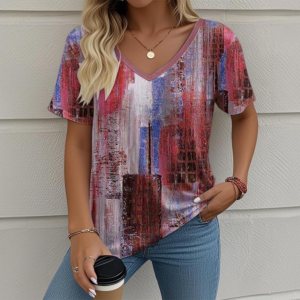 Oil Painting Architectural 3D Print T-shirt Women Streetwear Casual T Shirts Tops Woman Harajuku V-Neck Tees Oversized Clothing