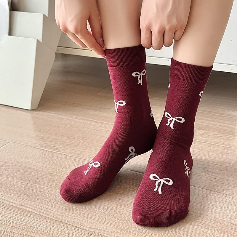Socks Pure Cotton Medium Tube Socks Spring And Autumn Versatile Bow Love Ankola Red Cotton Stacking Socks Women