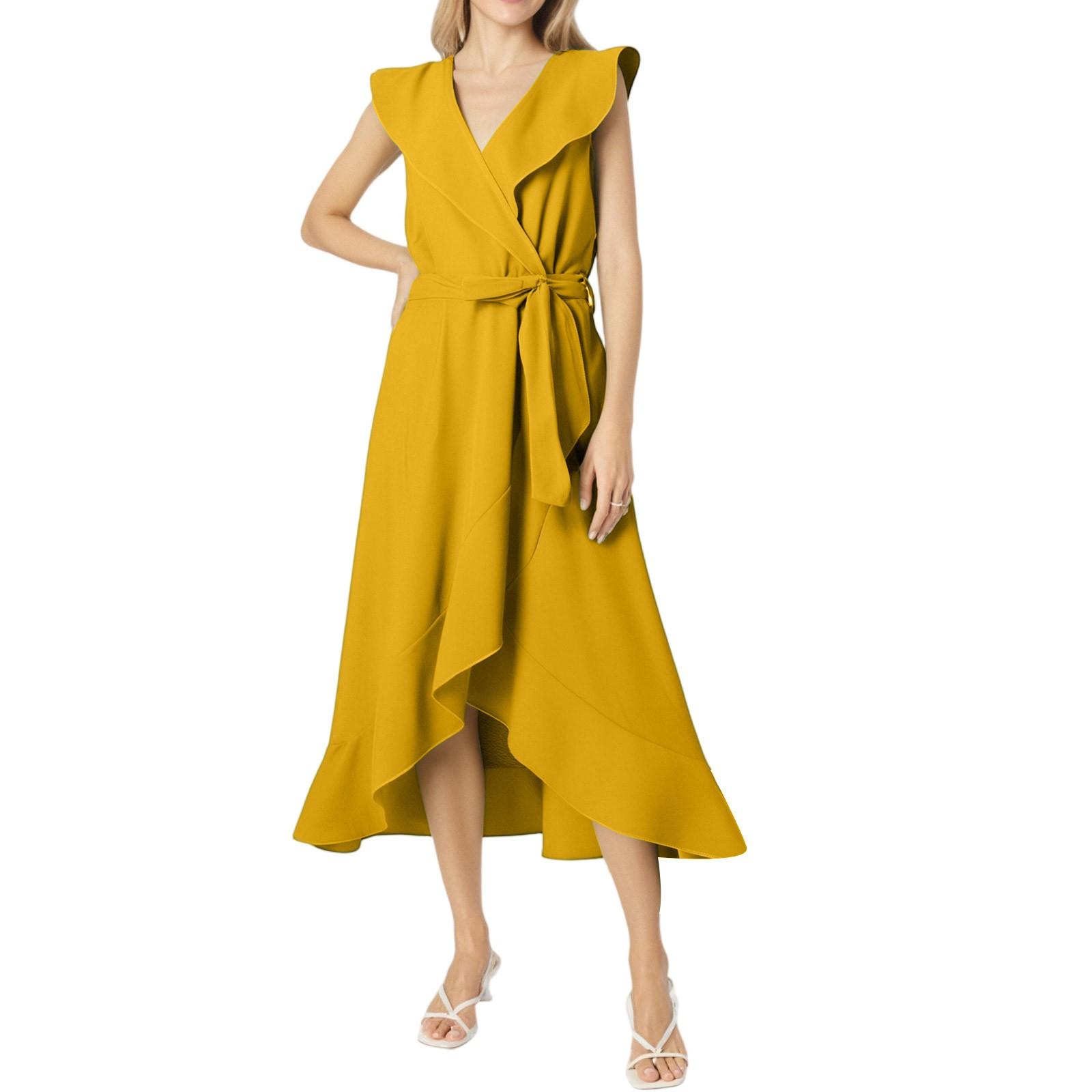 

Женское повседневное платье с V-образным вырезом и короткими рукавами, длина по бокам, платье с листочками, длина по бокам XL жёлтый