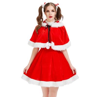 Adult Women Christmas Xmas Velvet Hooded Shawl Cloak Dress Set New Year Halloween Role Play Dress Up Cosplay Costume