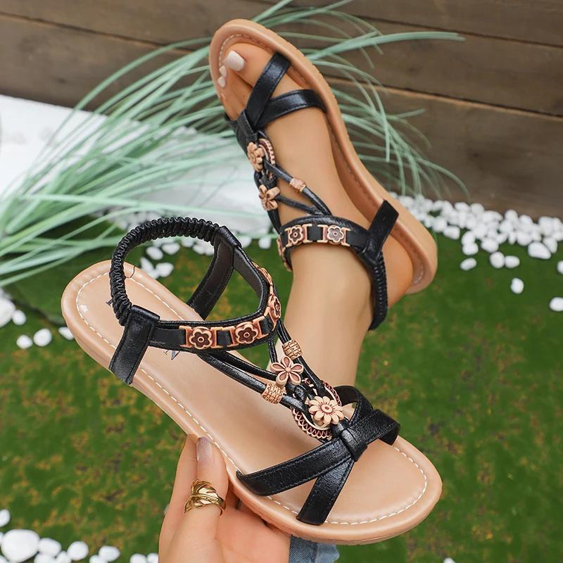 Bohemian Flower Bead Flat Sandals Women Summer Non Slip Outdoor Beach Shoes Woman Fashion Slip On Vacation Sandalias Mujer 2025