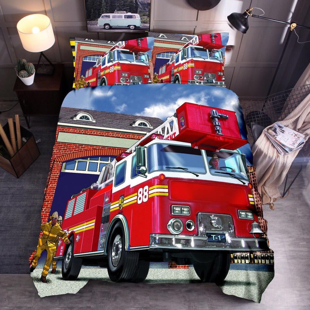 Classic Durable King Queen Firefighter Truck Size Red Firemen Car For Kids Boys Girls Fire Engine Polyester Quilt