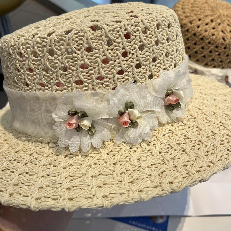 French Hollow Flower Elegant Flat Hat Summer Seaside Breathable Wide Brim Sun Hat Sun Hat Beach Straw Hat