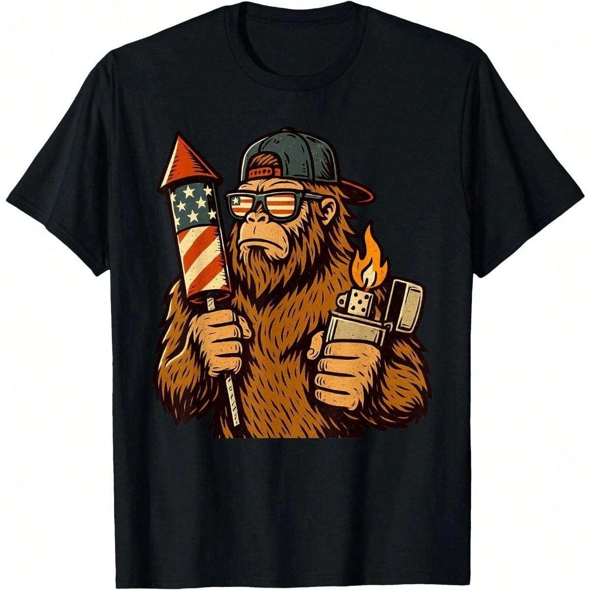 Hot Sold Patriotic Bigfoot Lighting Firework Funny USA 4th Of July T-Shirt S разноцветный
