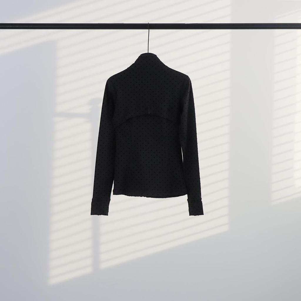 In-Stock Lulu Yoga Set: Black Stand Collar, New Zipper, Steel Stamp Gold Label, Defina Slim Fit Style.