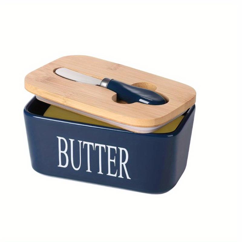 Large Ceramic Butter Dish with Wooden Lid Stainless Steel Knife Bamboo Cover Silicone Seal Kitchen Storage