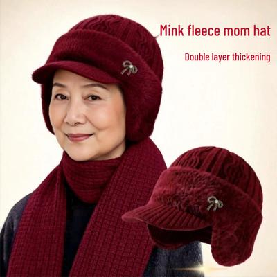 Women's Mink Velvet Winter Hat & Scarf Set - Warm Knitted Duckbill Cap with Ear Protection for Middle-Aged & Elderly.