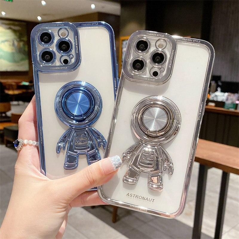 Luxury Plating Soft Silicone Astronaut Bracket Phone Case For iPhone 13 12 11 Pro Max X XR XS Max 14 Plus Ring Holder Back Cover