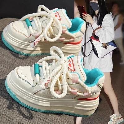 Fashion Autumntime New Women Shoes Elevated Increase Thick Bottom Sneakers Color Block Anti-slip Wear Resistance Lace-Up Single Shoes