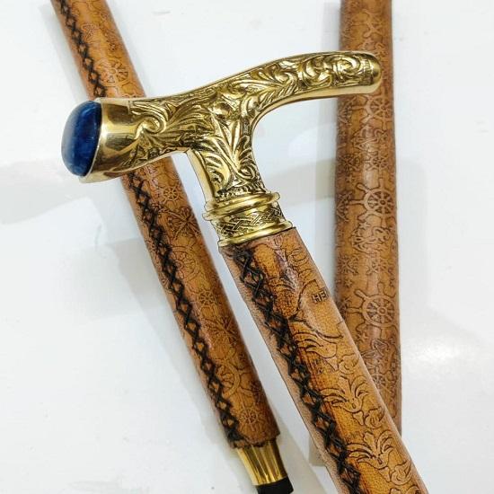

Handcrafted Brass Handle Walking Cane with Leather Stick