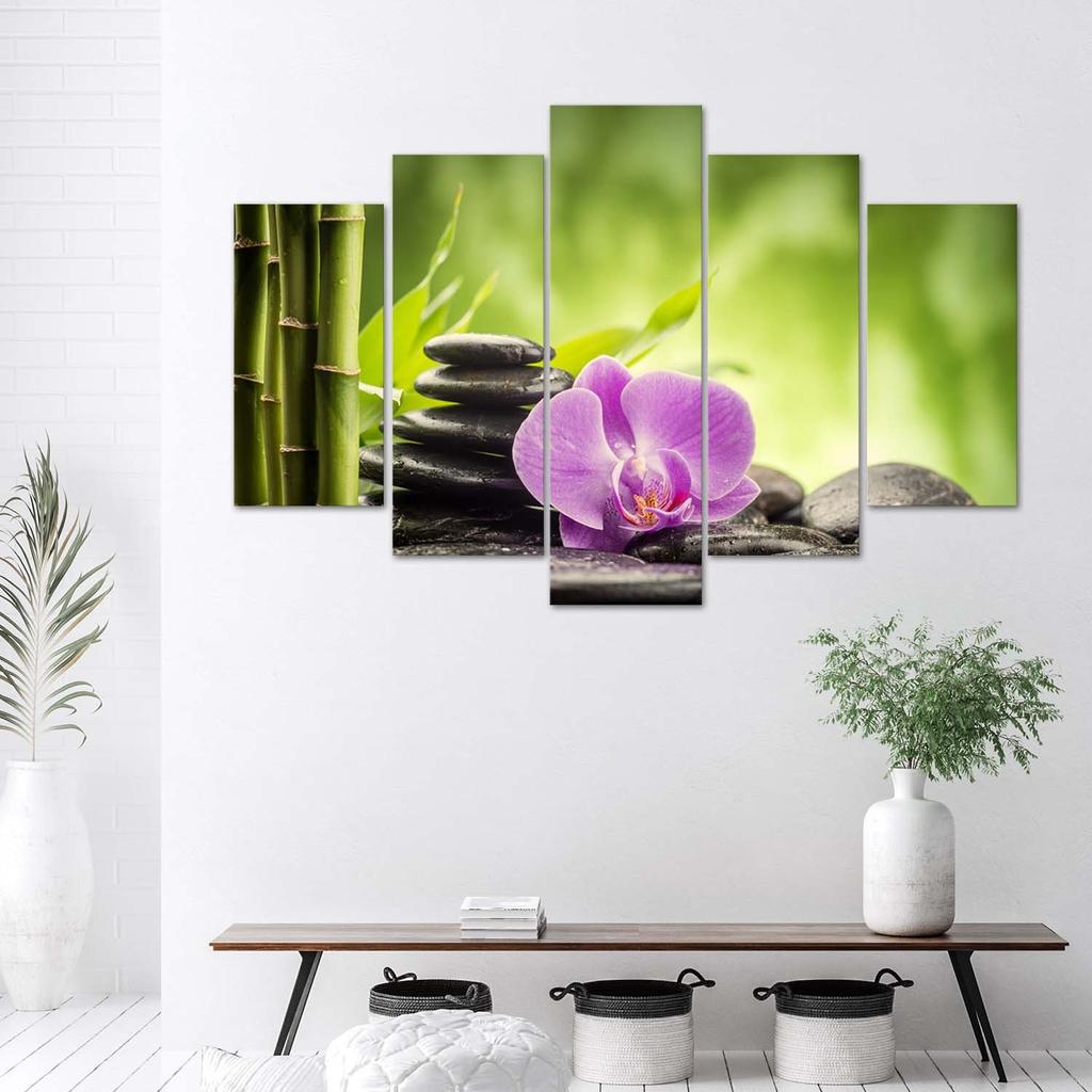 Five piece picture canvas print Orchid Zen Stones