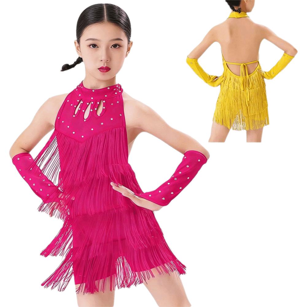 Vestido de Bachata para Baile de Salón con Flecos Lentejuelas Trajes de Baile para Actuaciones Niños Niñas