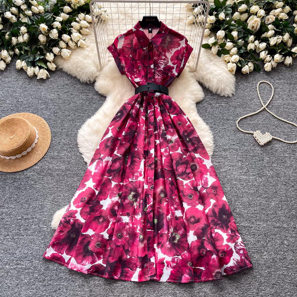 French light and mature style retro printing lapel dress women's summer sleeveless waist and thin pendulum temperament long dress