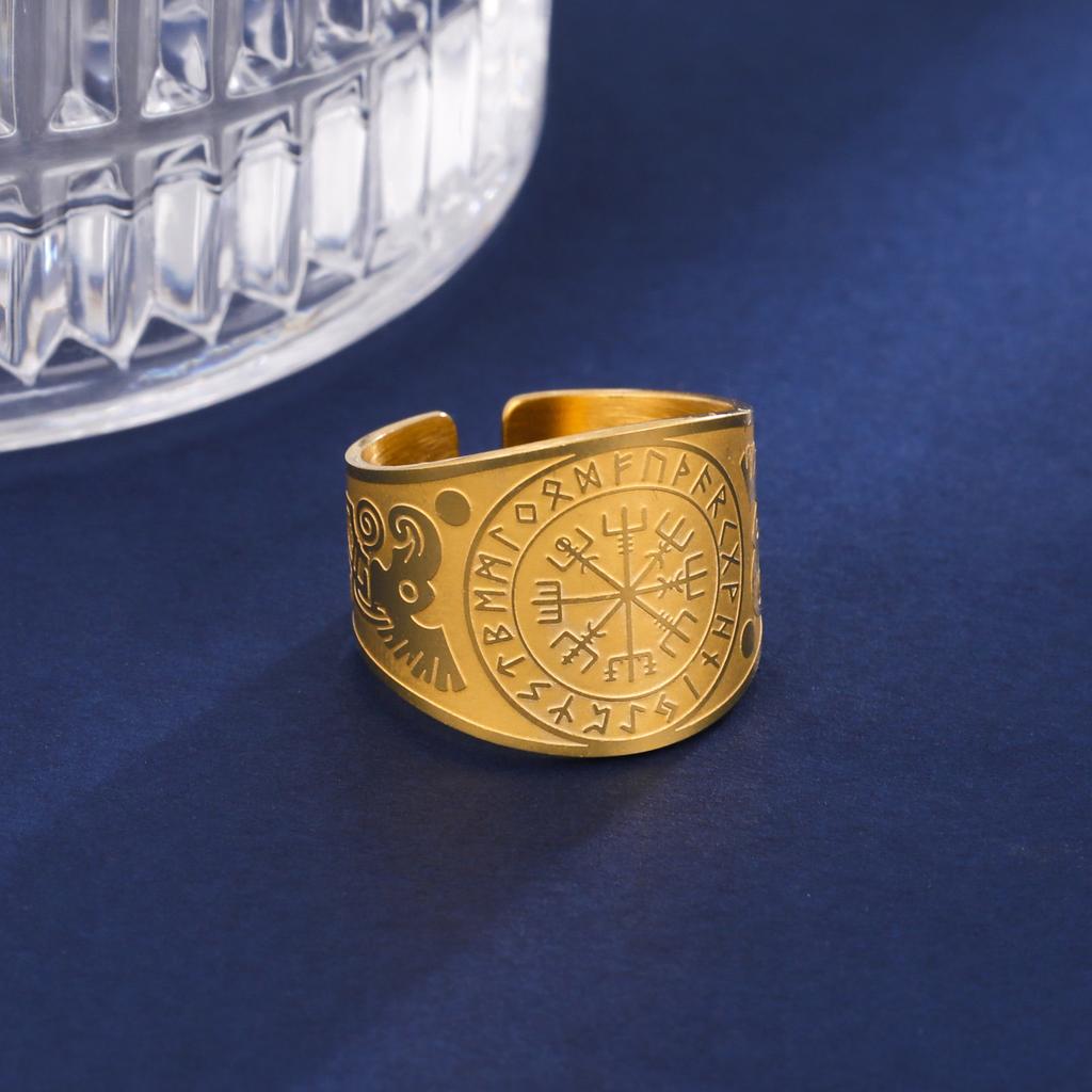 LIKGREAT Viking Compass Vegvisir Ring Helm of Awe Nordic Rune Scandinavian Amulet Stainless Steel Jewelry New Year Gift