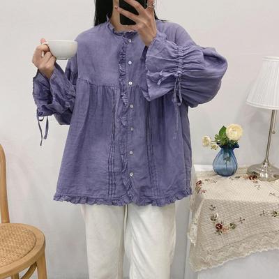 Ruffles Linen Lace-up Women Shirts Tops Spring Summer Vintage Mori Loose Slits Female Blouses