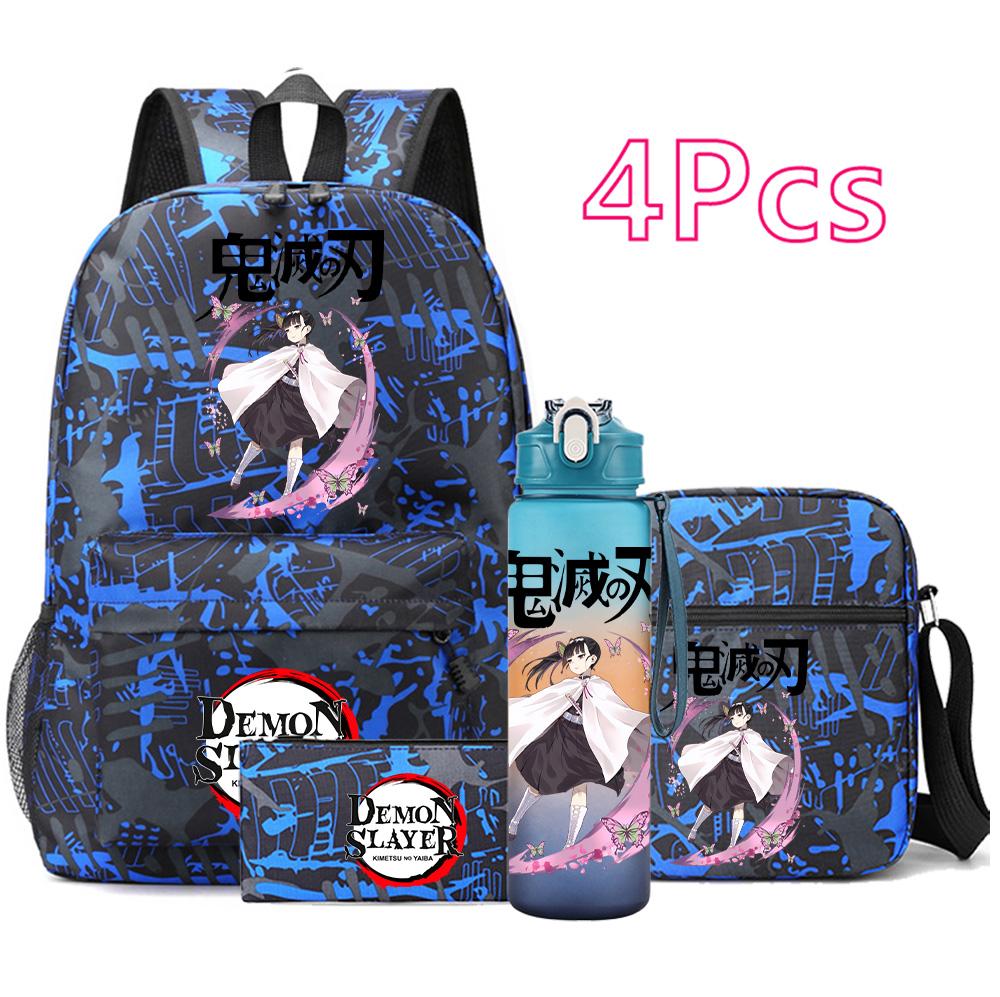 4 Pezzi/set Zaino Stampato Anime Demon Slayer Grande Capacità Borsa per Libri Borsa a Spalla Custodia per Borsa con Borraccia da 750ml Ragazzo Ragazza Zaino Impermeabile