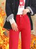 Women's Red High-Waist Fleece-Lined Straight-Leg Jeans - Casual Street Style