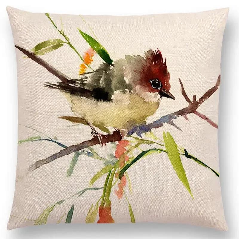 Watercolor Birds Series Cushion Cover Goldfinch Chickadee Cardinal Kingfisher Prints Pillow Case