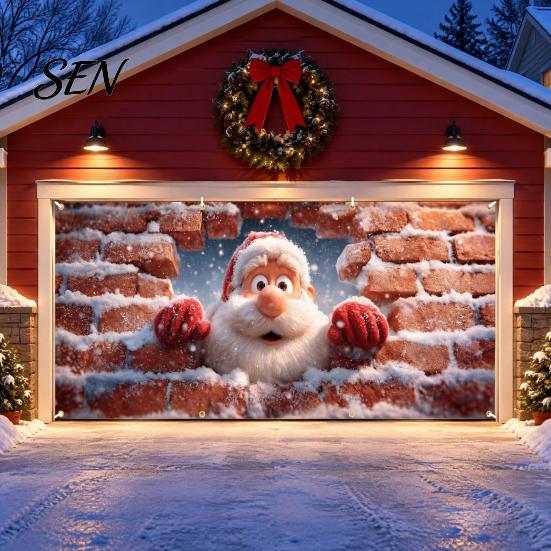 Outdoor Winter Party Supplies Christmas Garage Door Cover, Holiday Hanging Banner Backdrop, Decoration Santa Claus Snowman Truck Photography