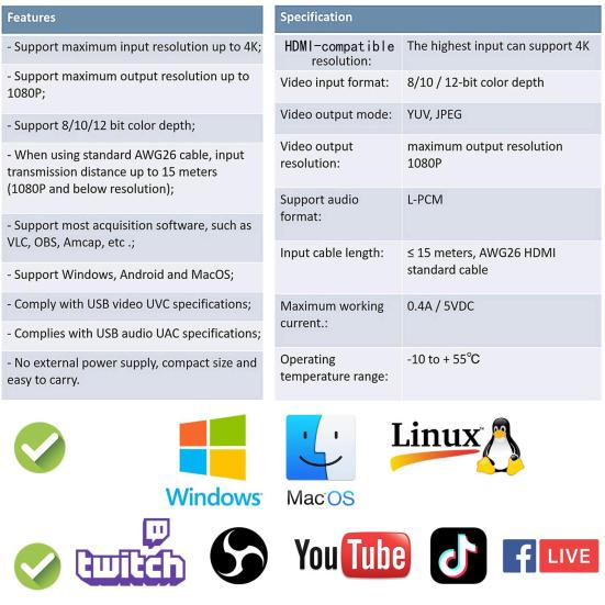 4K 1080P HDMI-compatible To USB 3 Video Audio Loop Out High Clarity 1080p60