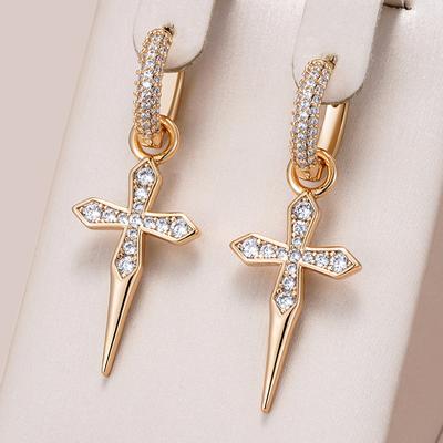 Boucles d'oreilles pendantes croix de luxe pour femmes Couleur or rose avec zircons naturels Accessoires Vintage Quotidien Bijoux fins