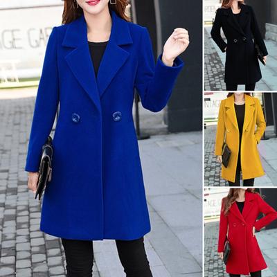 Women Fall Coat Solid Color Double Buttons Thick Lapel Long Sleeves Keep