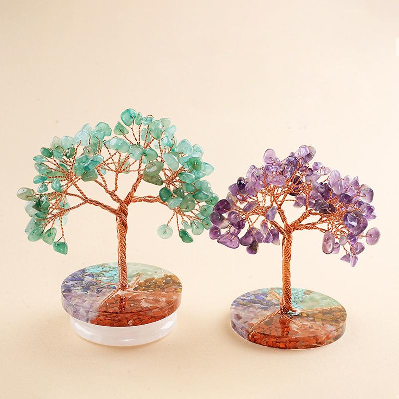 Natural Amethyst Stone Money Tree Ornament Chakra Crystal Chip Life Tree Resin Base Creative Home Desk Decor