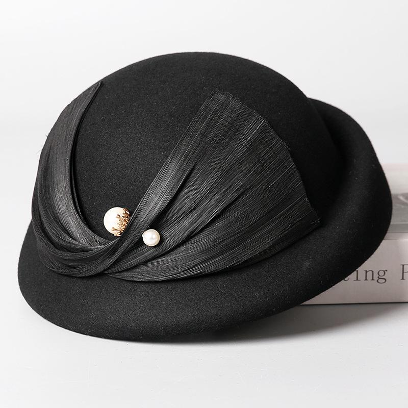 French Silk Linen Beret Women Australian Wool Felt Hat Pearl Accents Designer Winter Socialite Chic Hat
