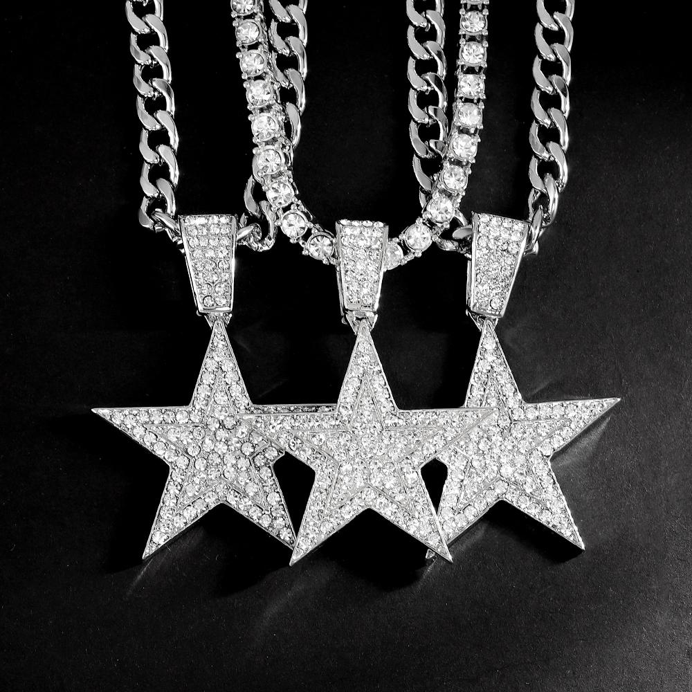HipHop Punk Style Shiny FivePointed Star Pendant DIY with Cuban Chain Tennis Rope Chain Unisex Gift Jewelry Accessory Men Women