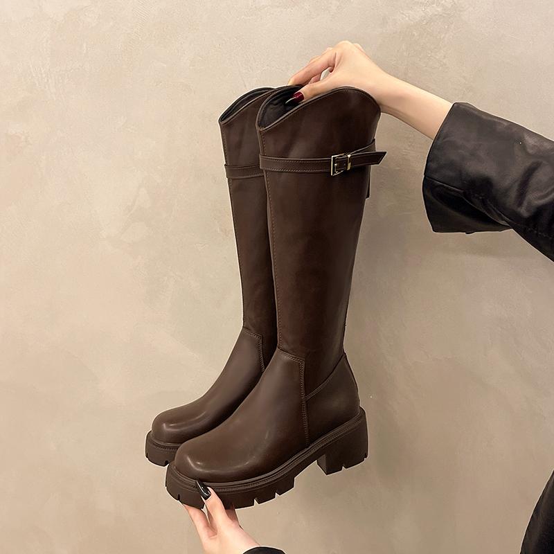 Fashion New Style Women Knee High Boots Fashion Knight Long Boots Square High Heels Autumn Winter Warm Short Plush Shoes Zapatos Mujer