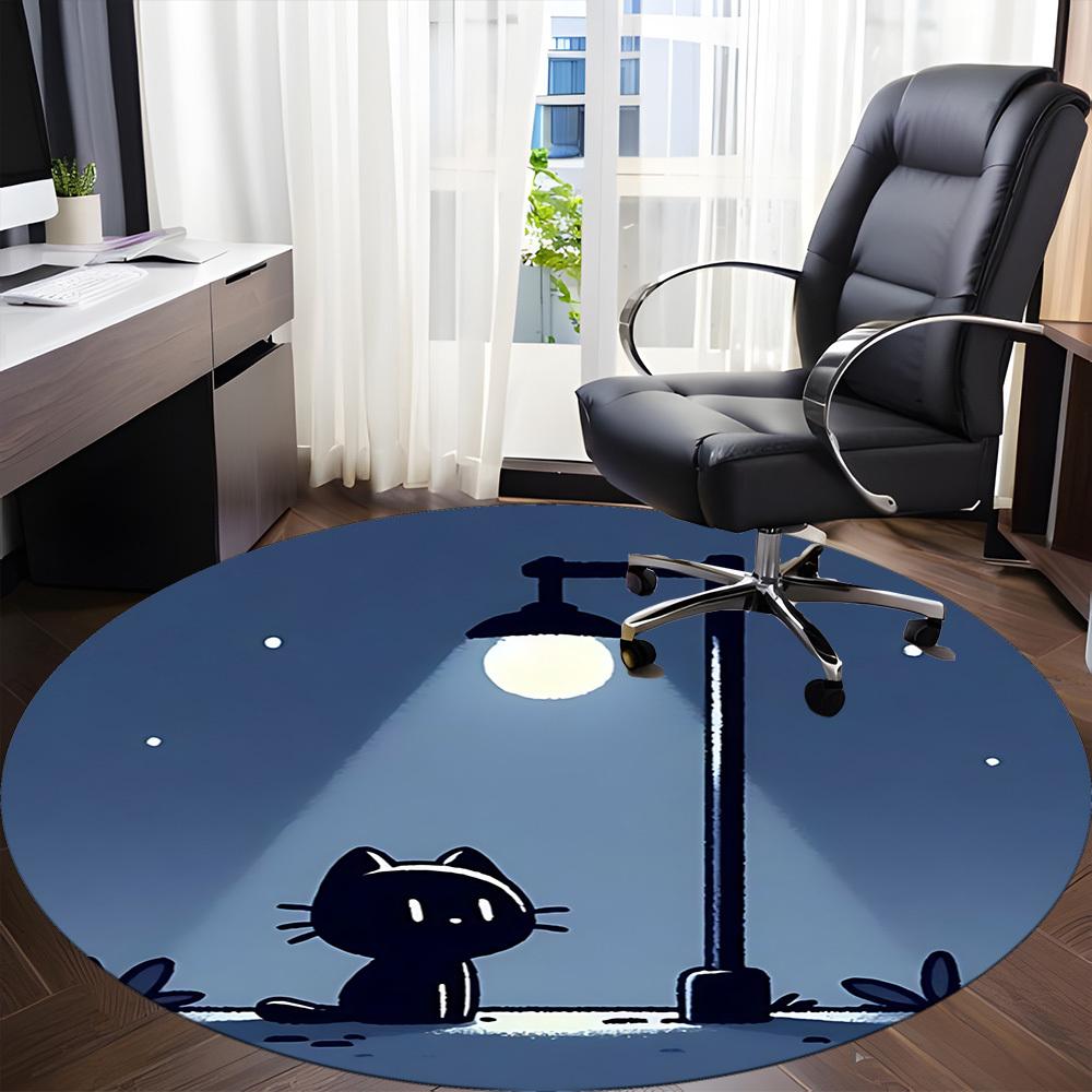 1pc Night Cat Office Round Area Rug, Indoor Mat Suitable For Office, Under Office Chairs Bedroom Living Room Home Decor, Room Deco 078
