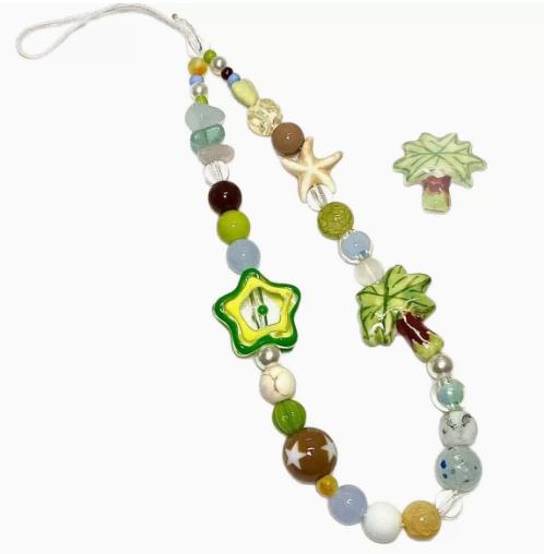 

Beaded Phone Strap with Tropical Theme Starfish and Palm Tree Charms Adjustable Length Durable String for Cameras and Mobile Phones One Size