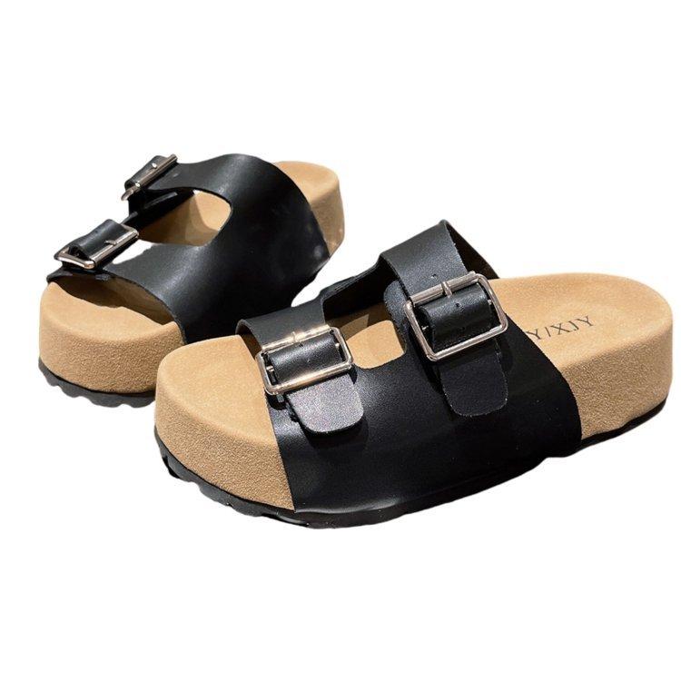 Soft leather version~ Mrs. Chen, the same thick-soled muffin, one-word small sandals, slippers outside the beach, women's shoes