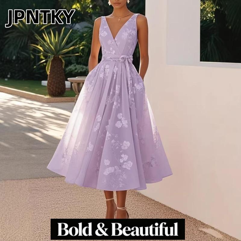 JPNTKY Moda Estiva Primaverile Senza Maniche Scollo a V Abiti Casual