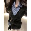 College style gray knitted dress women's autumn and winter new temperament with fake two-piece short skirt