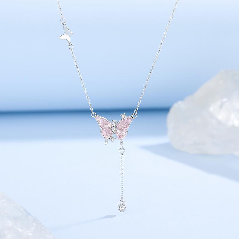 Tichya S925 Sterling Silver Crushed Ice Butterfly Necklace for Women - Summer Niche Design, High-End Temperament Clavicle Chain S925 Silver