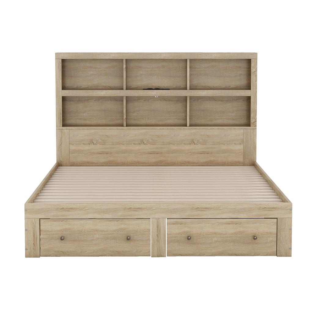 160*200cm Double Bed, Chipboard, King Size Platform Bed with Two Drawers at the Foot of the Bed, Headboard with Storage, Natural