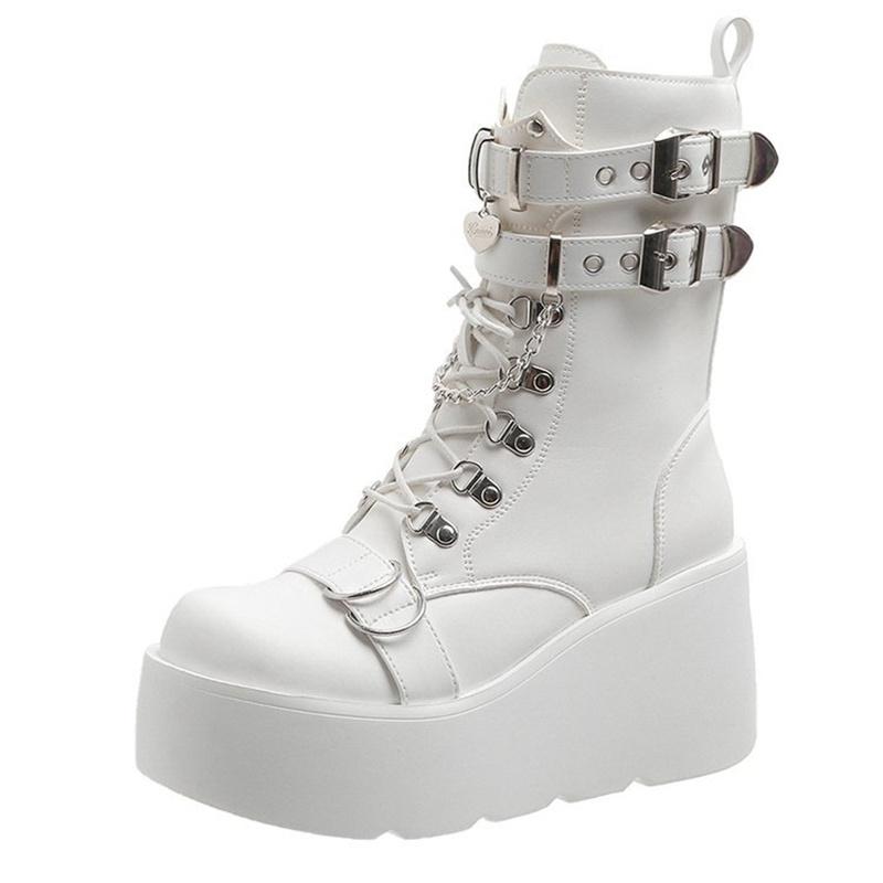 Punk Boots Women Matte Leather Platform Chunky Sneakers Autumn 9CM Wedge Heels Mid-Calf Boot Woman Winter Metal Motorcycle Boots