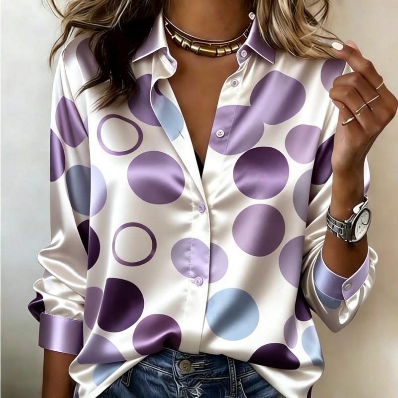 Women Satin Vintage Big Polka Dot Print Shirt Long Sleeve Lapel Button‑Down Blouse Elegant Office Casual Ladies Multi‑Color Top
