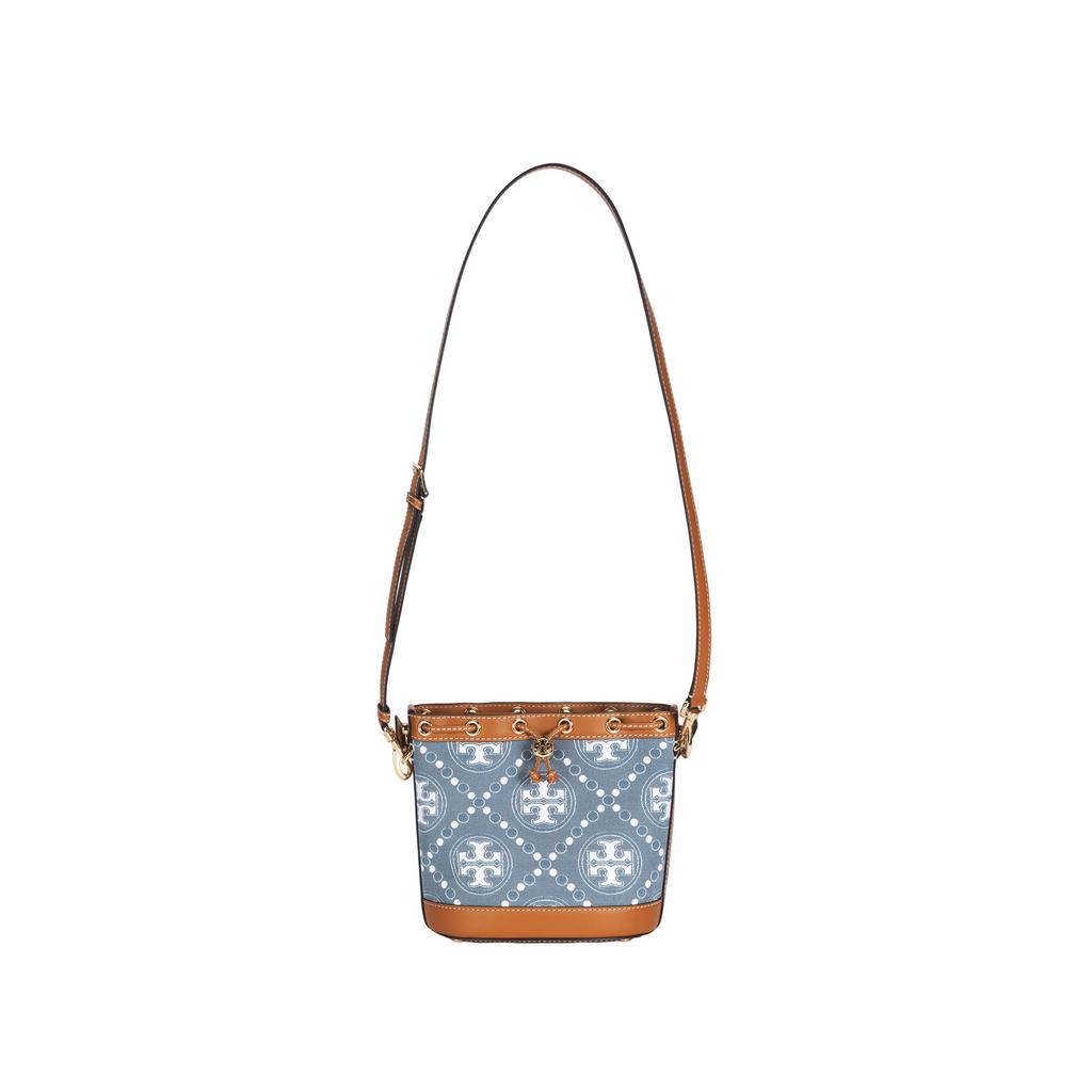 Tory Burch T Monogram Drawstring Logo Bucket Bag Women Handbags Brown Denim-Blue 159637-960
