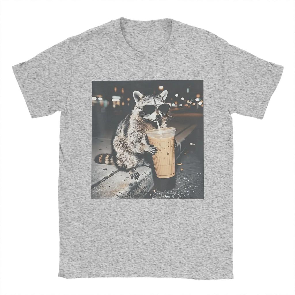 Unisexs Tshirt Raccoon Drinking Iced Coffee Funny Animal Meme Funny Pure Cotton Tees Short Sleeve T Shirts Crewneck Tops Gift