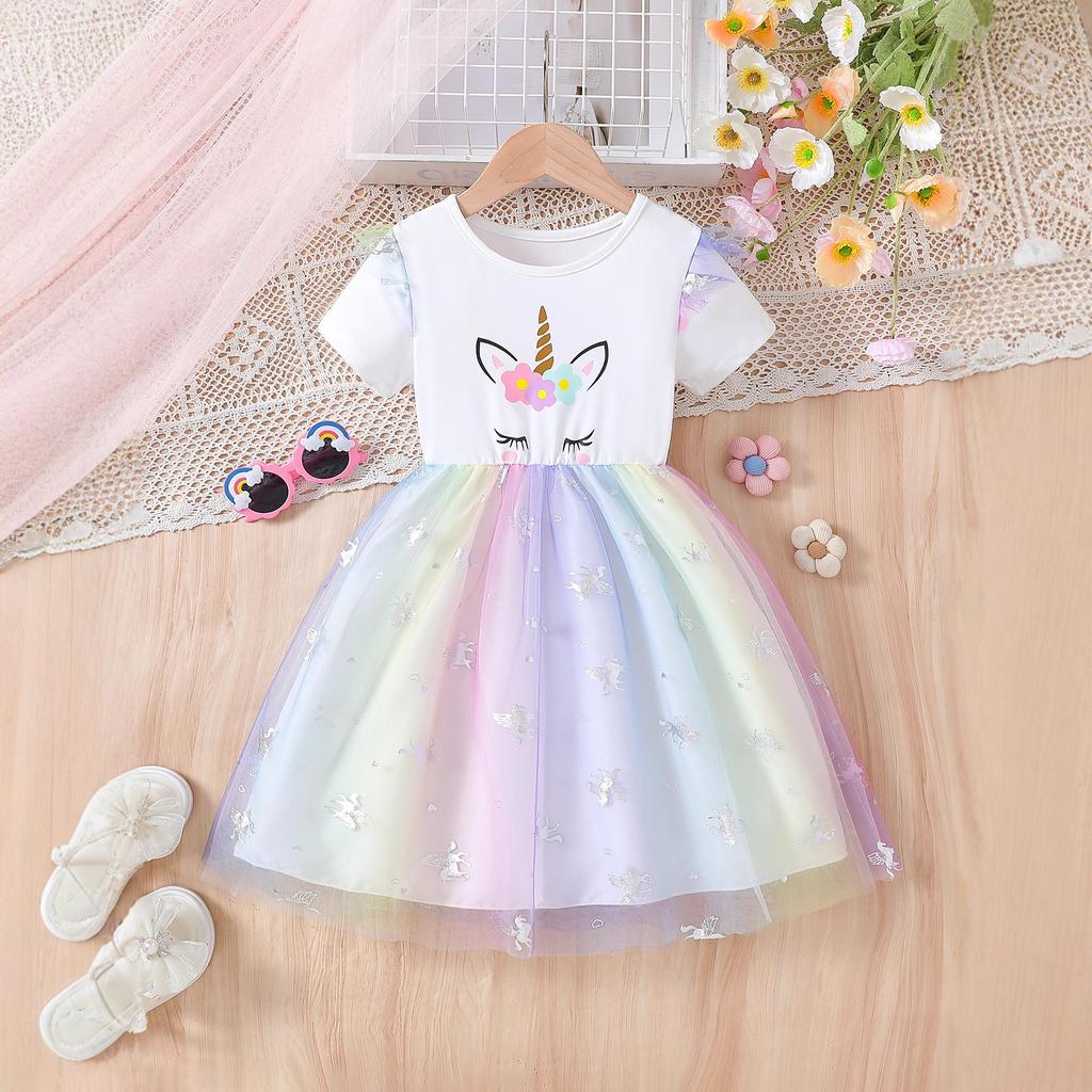 Girls' Princess Dress Summer Children's Fashion Cartoon Rainbow Puffy Dress