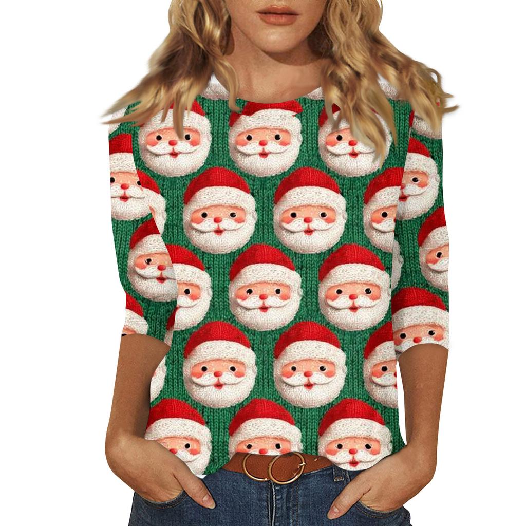 Women's Fashionable Casual Three Quarter Sleeve Christmas Printed Round Neck Top