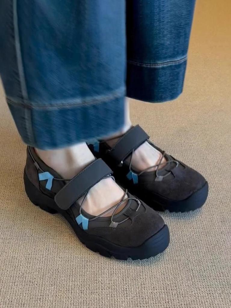 Ballet style color matching sports sole Velcro Mary Jane small leather shoes Maillard retro round head platform casual women's shoes