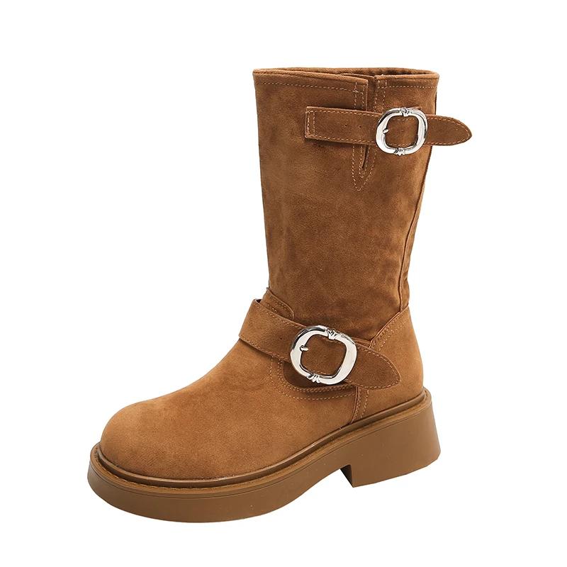 Women Western Cowgirl Boots Fashion Belt Buckle Shoes Autumn Winter Thick Heel Women's Mid Calf Booties  Women Shoes